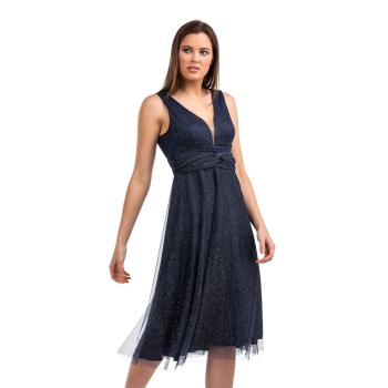 Φόρεμα Midi με lurex τούλι- Μπλε Σκούρο