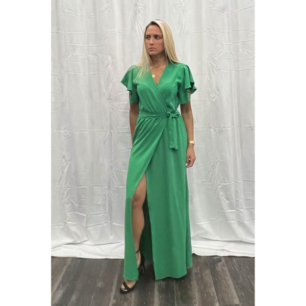 Φόρεμα Maxi κρουαζέ με βολάν-Πράσινο
