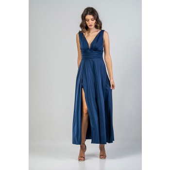 Φόρεμα maxi σατέν μπλε με άνοιγμα 21.11.2885