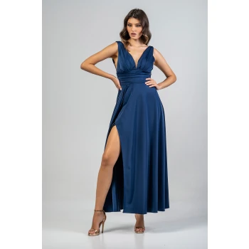 Φόρεμα maxi σατέν μπλε με άνοιγμα 21.11.2885