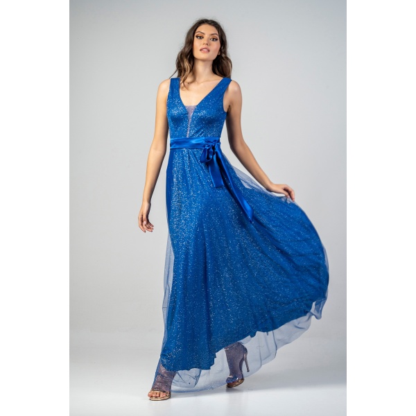 Φόρεμα coctail maxi μπλε ρουά με τούλι 21.11.2916