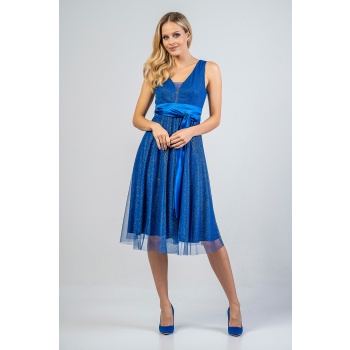 Φόρεμα coctail midi μπλε ρουά με τούλι